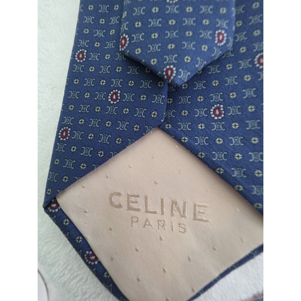 CELINE Paris Men's Blue Red White Geometric Woven Silk Designer Tie w/ Logo - Picture 3 of 3
